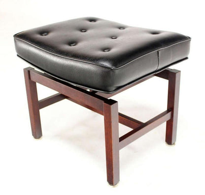 Mid-Century Modern Black Vinyl Upholstered Oiled Walnut Bench by Risom