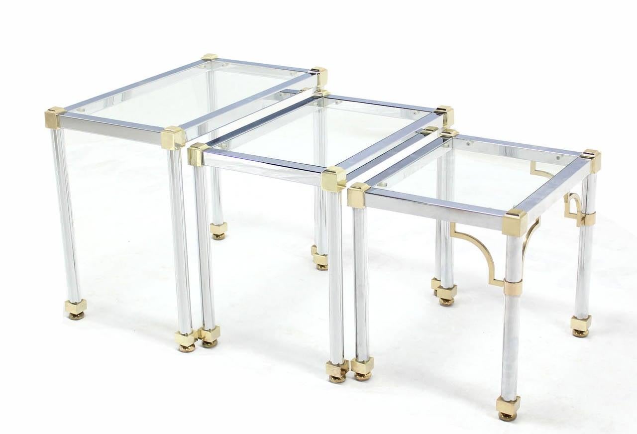 Set of 3  Chrome and Brass Metal Glass Top Nesting Side End Occasional Tables