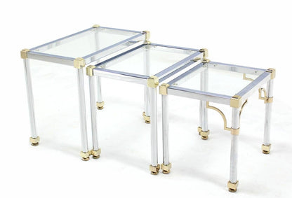 Set of 3  Chrome and Brass Metal Glass Top Nesting Side End Occasional Tables