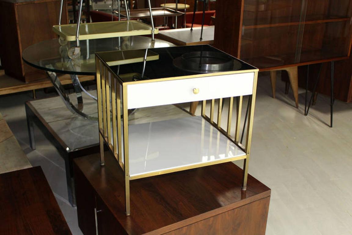 Solid Brass Mid Century Modern End Side Table One Drawer Stand Smoked Glass Top