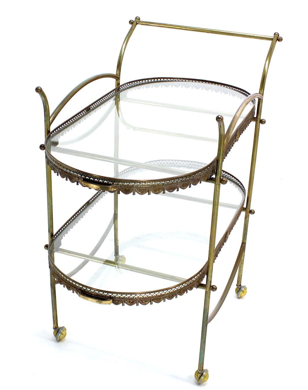 Two Tier Brass & Glass Serving Cart Table with Removable Serving Trays