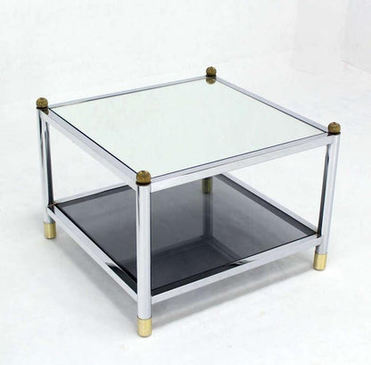 Pair Square Chrome & Brass Smoked Glass Shelf Mirrored Top End Side Tables MINT!