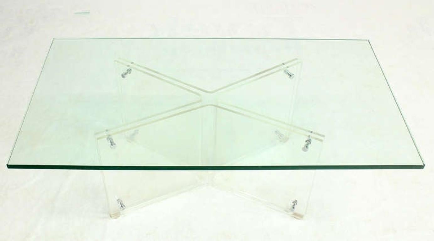 Mid-Century Modern Lucite X Base Glass Top Rectangle Coffee Table