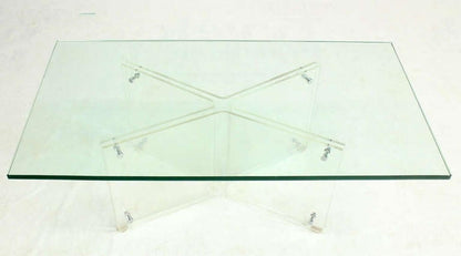 Mid-Century Modern Lucite X Base Glass Top Rectangle Coffee Table