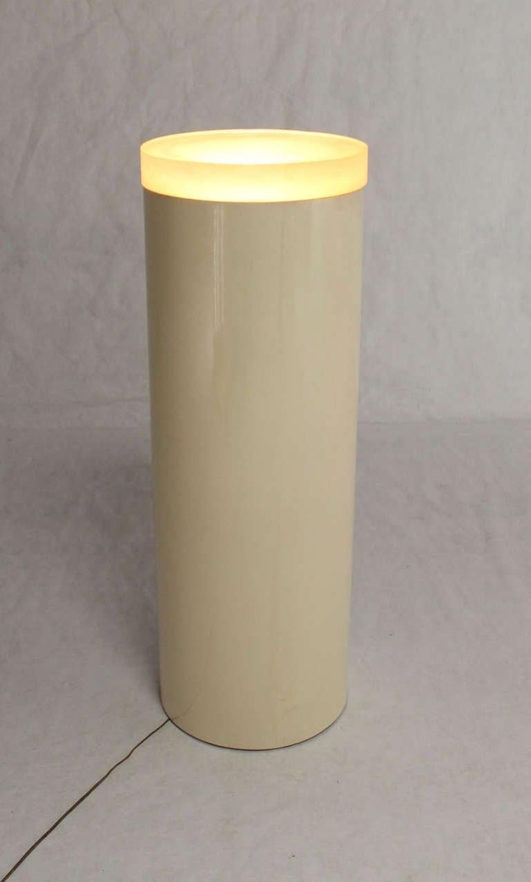 Light-Up Fiberglass Cylinder Round Pedestal Thick Lucite "Lens" Shade Floor Lamp