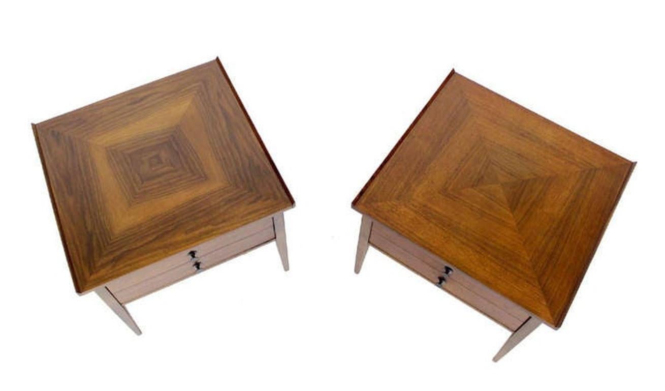 Pair Large Square Raised Rolled Edge Danish Mid Century Modern Walnut End Tables