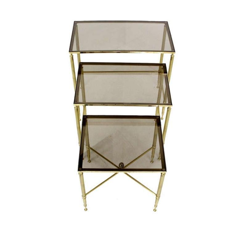 Solid Brass Smoked Glass Set of Three Nesting Stacking Side Occasional Tables