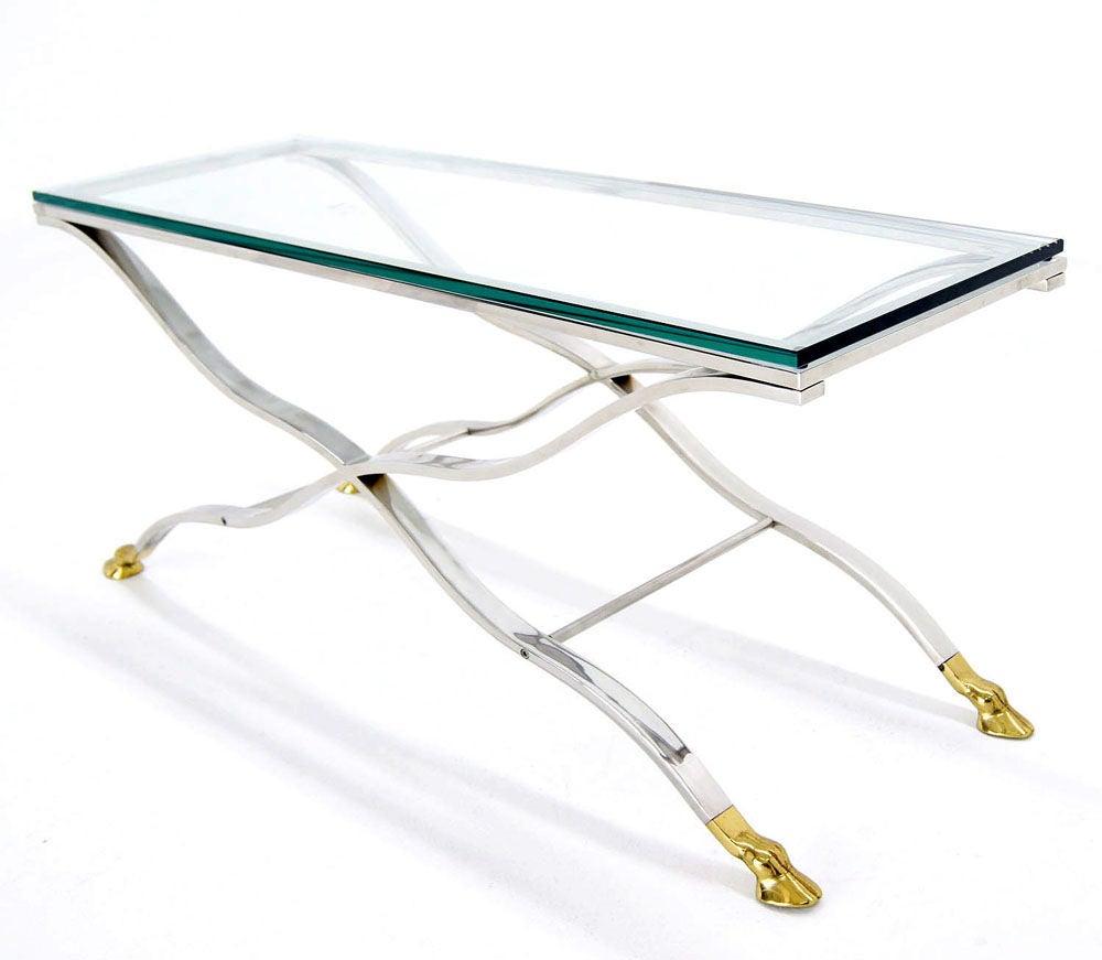 Mid Century Modern Chrome Glass Top Coffee Console Table with Brass Hoof-Feet