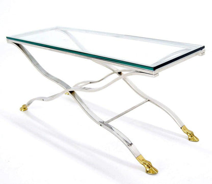 Mid Century Modern Chrome Glass Top Coffee Console Table with Brass Hoof-Feet