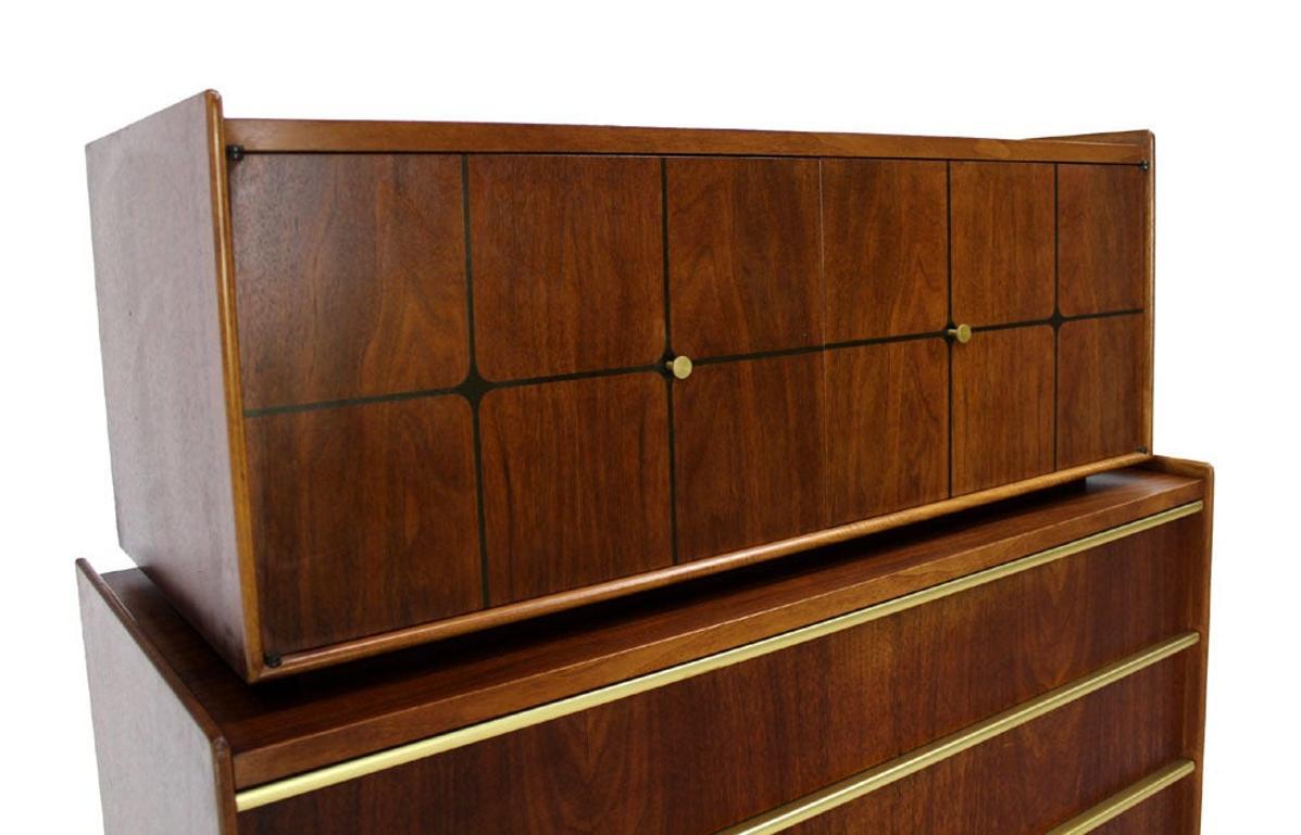 Edmond Spence Walnut  Brass Two Part High Gentleman's Chest Dresser Cabinet MINT