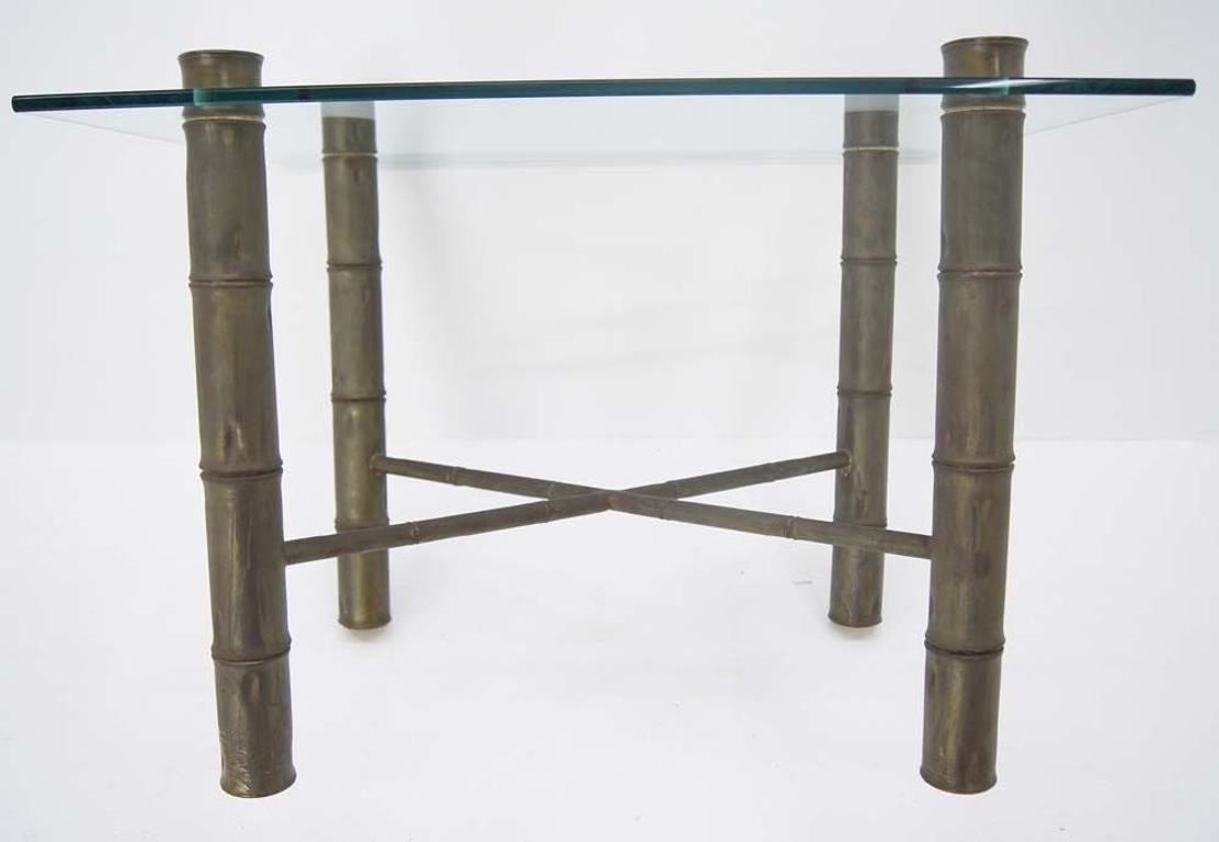 Faux Bamboo Brass X Base Square Glass Top Coffee Table Mid Century Modern