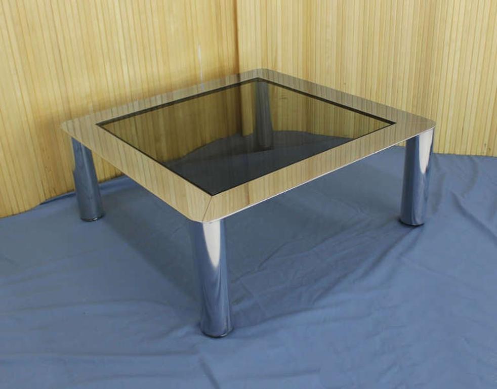 Chrome Cylinder Legs Square Smoked Glass Mid-Century Modern Coffee Table MINT!