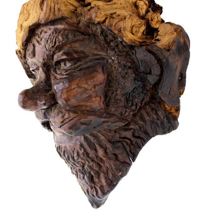 Very Fine Detailed Burl Wood Carving of an Elf or Gnome Face Wall Sculpture MINT