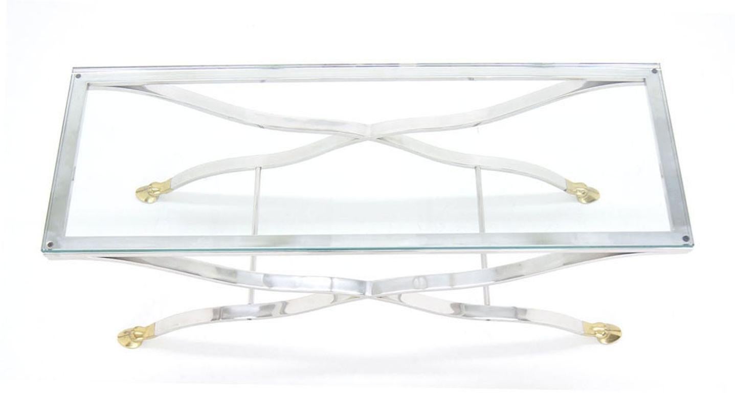 Mid Century Modern Chrome Glass Top Coffee Console Table with Brass Hoof-Feet