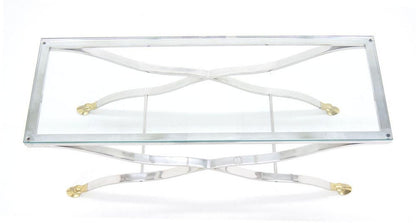 Mid Century Modern Chrome Glass Top Coffee Console Table with Brass Hoof-Feet