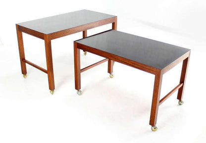 Pair Set Danish Mid Century Modern Walnut Base Black Laminate Nesting Table MINT