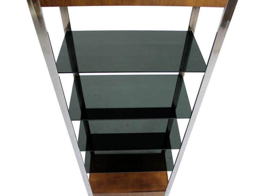 Mid Century Chrome and Walnut Frame Smoked Glass Shelves Lighted  Etagere MINT!