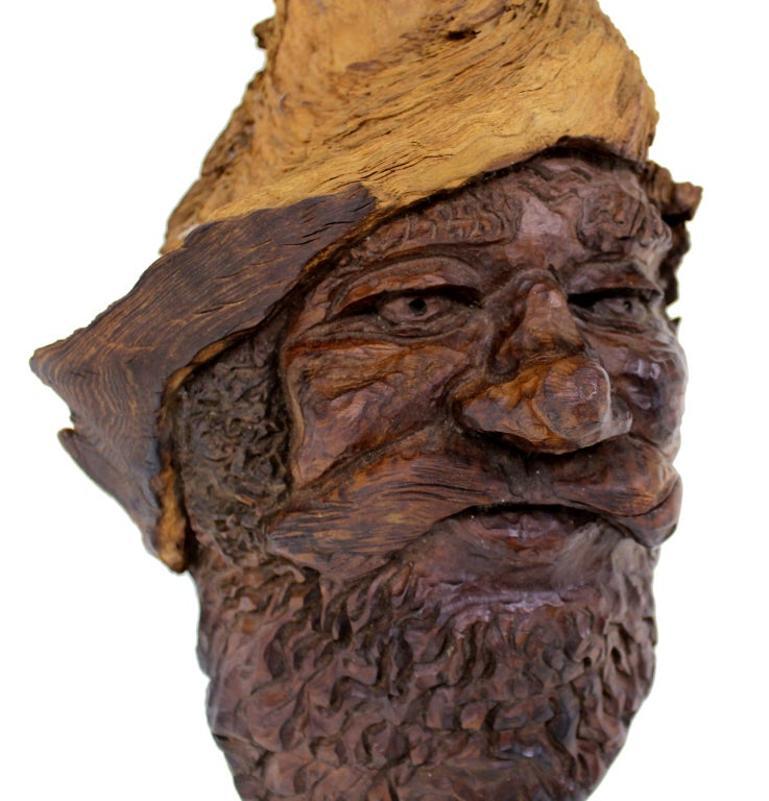 Very Fine Detailed Burl Wood Carving of an Elf or Gnome Face Wall Sculpture MINT