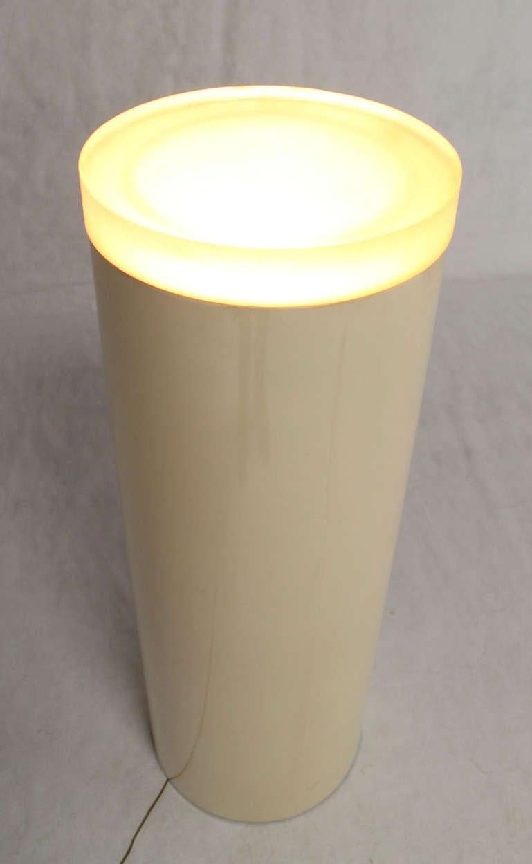 Light-Up Fiberglass Cylinder Round Pedestal Thick Lucite "Lens" Shade Floor Lamp