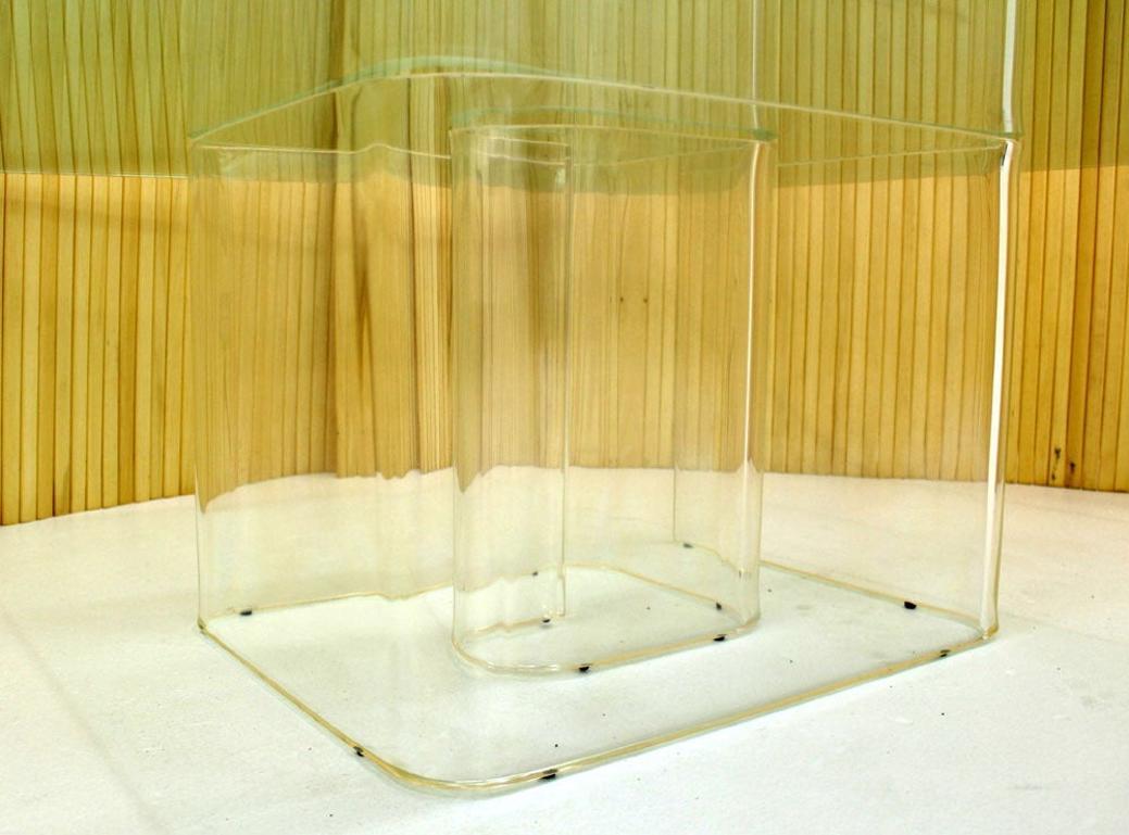 Lucite Snail Base Square 3/4" Thick Glass Top Coffee Table Mid Century Modern