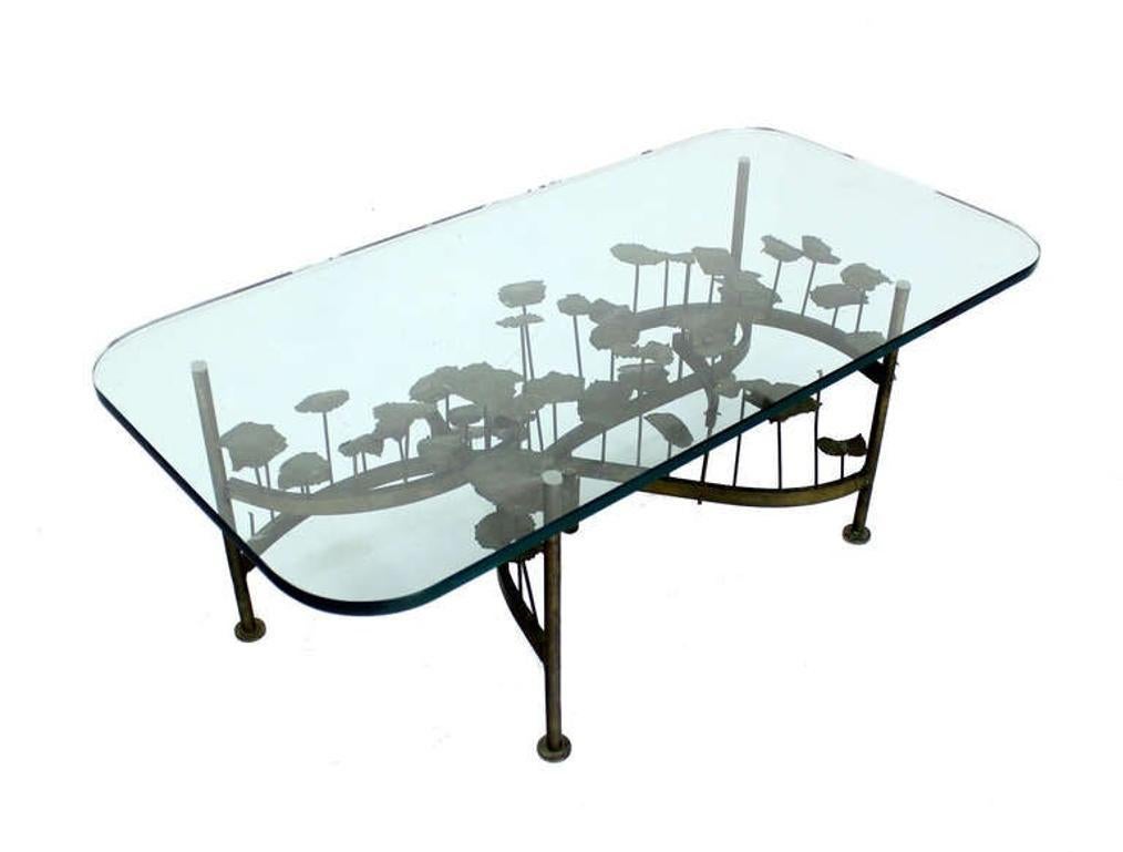 Silas Seandel Mid Century Modern Brass Base Glass Top Brutalist Coffee Table