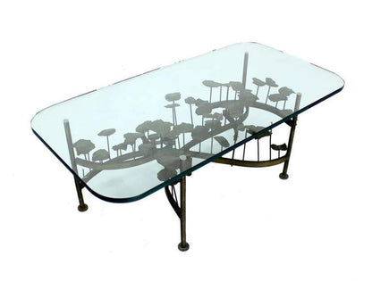 Silas Seandel Mid Century Modern Brass Base Glass Top Brutalist Coffee Table