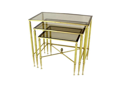 Solid Brass Smoked Glass Set of Three Nesting Stacking Side Occasional Tables