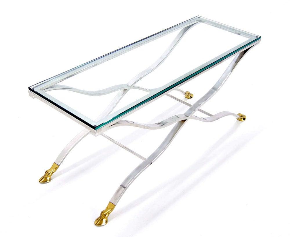 Mid Century Modern Chrome Glass Top Coffee Console Table with Brass Hoof-Feet