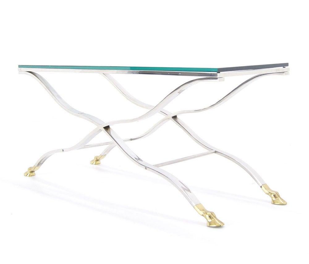 Mid Century Modern Chrome Glass Top Coffee Console Table with Brass Hoof-Feet