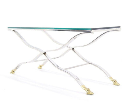 Mid Century Modern Chrome Glass Top Coffee Console Table with Brass Hoof-Feet