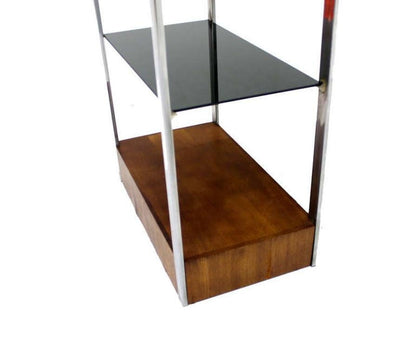 Mid Century Chrome and Walnut Frame Smoked Glass Shelves Lighted  Etagere MINT!