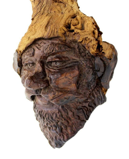 Very Fine Detailed Burl Wood Carving of an Elf or Gnome Face Wall Sculpture MINT