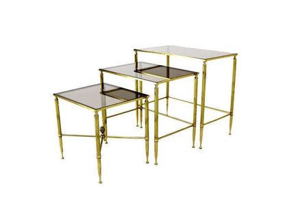 Solid Brass Smoked Glass Set of Three Nesting Stacking Side Occasional Tables