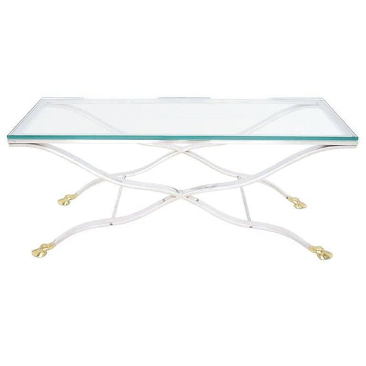 Mid Century Modern Chrome Glass Top Coffee Console Table with Brass Hoof-Feet