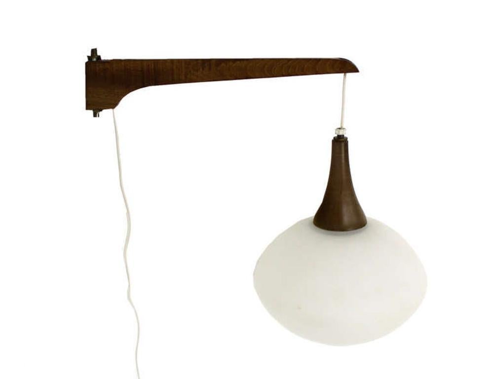 Walnut Frosted Glass Danish Mid-Century Modern Wall Hanging Light Fixture Scones