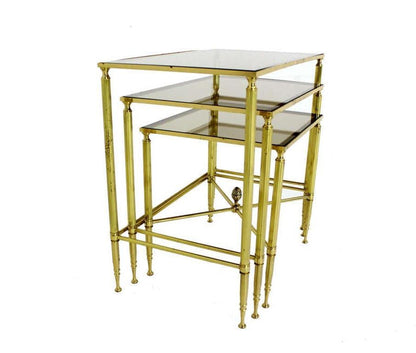 Solid Brass Smoked Glass Set of Three Nesting Stacking Side Occasional Tables