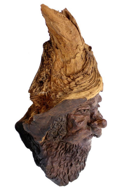 Very Fine Detailed Burl Wood Carving of an Elf or Gnome Face Wall Sculpture MINT