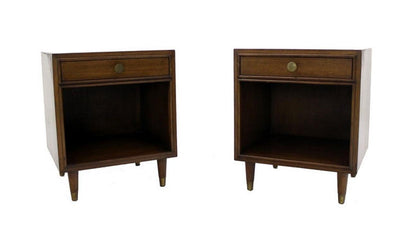 Pair Johnson One Drawer Espresso Mid Century Modern Walnut Night Stand End Table