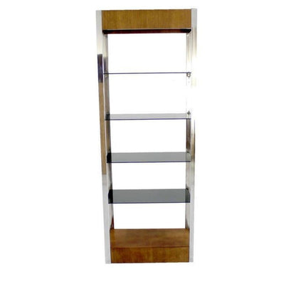 Mid Century Chrome and Walnut Frame Smoked Glass Shelves Lighted  Etagere MINT!