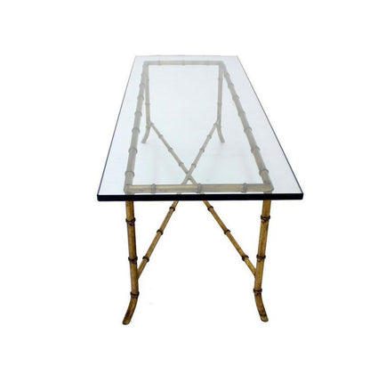 X Base Rectangular Mid Century Modern Gilt Faux Bamboo Glass Top Coffee Table