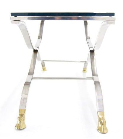 Mid Century Modern Chrome Glass Top Coffee Console Table with Brass Hoof-Feet