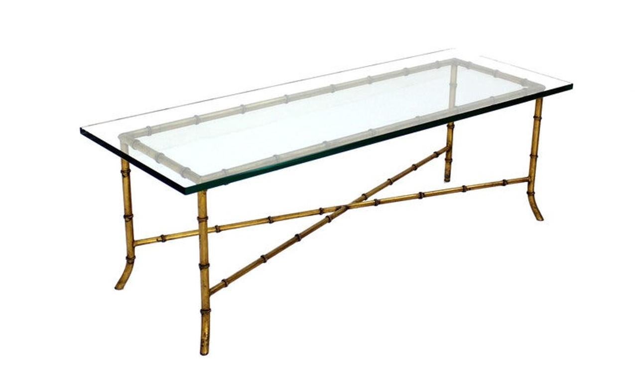 X Base Rectangular Mid Century Modern Gilt Faux Bamboo Glass Top Coffee Table