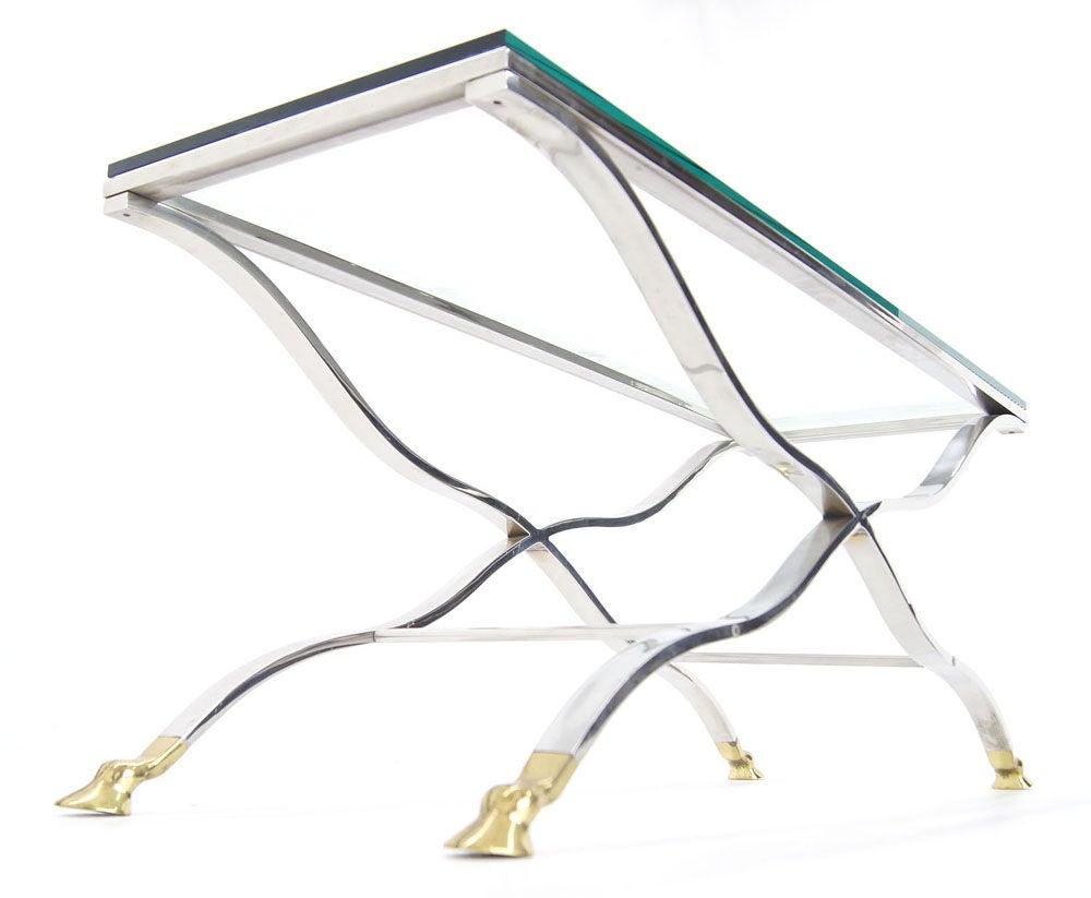 Mid Century Modern Chrome Glass Top Coffee Console Table with Brass Hoof-Feet