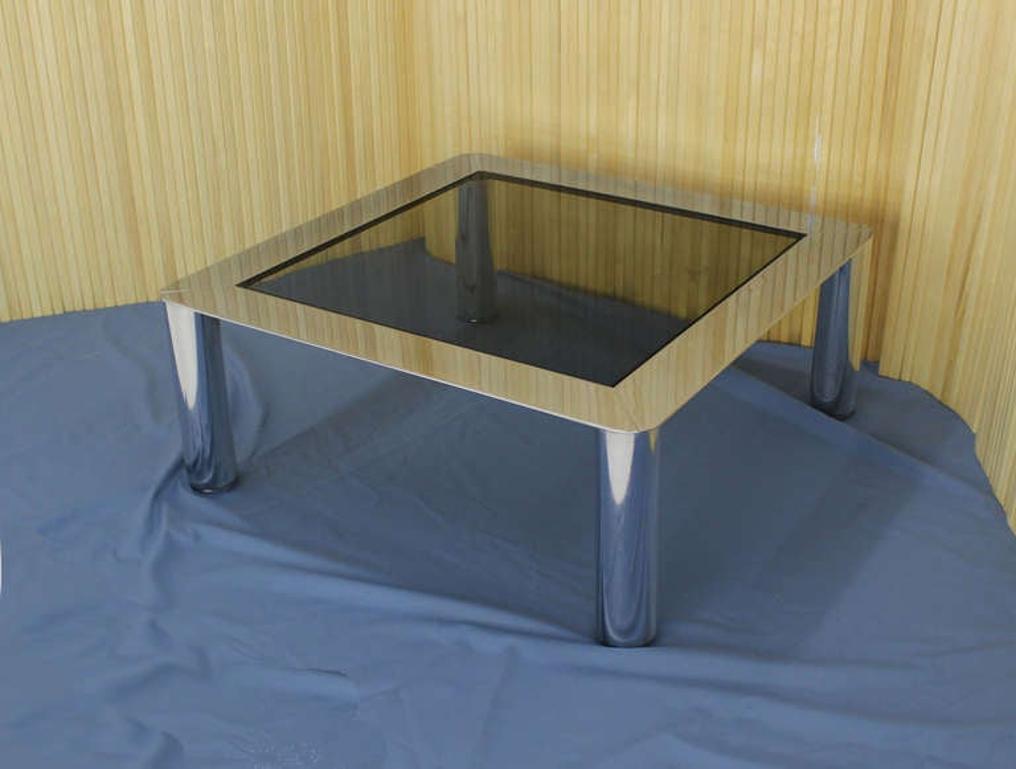 Chrome Cylinder Legs Square Smoked Glass Mid-Century Modern Coffee Table MINT!