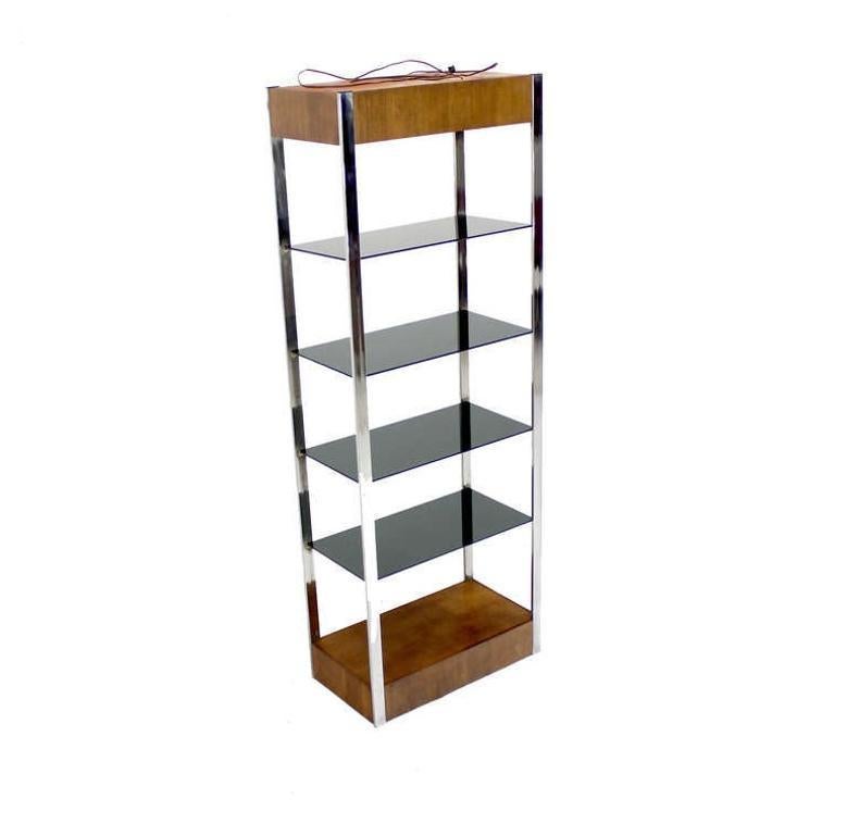 Mid Century Chrome and Walnut Frame Smoked Glass Shelves Lighted  Etagere MINT!