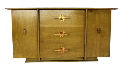 Mid Century Modern Double Door Olive Sideboard Credenza Large Brass Pulls MINT!